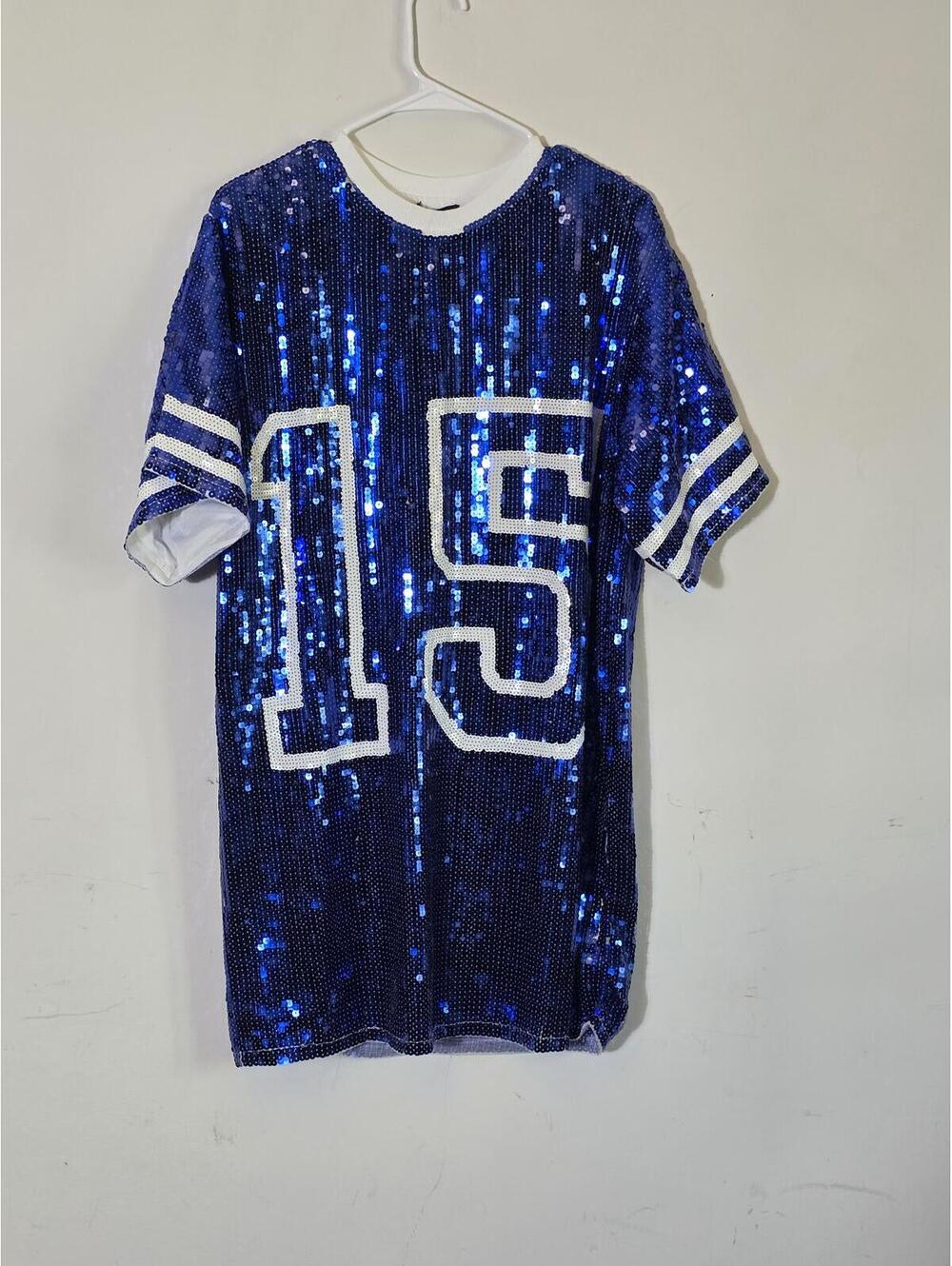 Fashion Nova Blue Sequins #15 Jersey Tee Shirt Dress Sz S